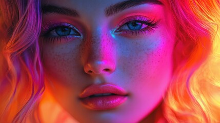 Obraz premium Generative AI illustration of human face of female fashion model with colored wavy hair and bright makeup looking at camera