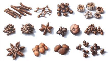 Obraz premium Variety of spices arranged on a white isolated background.