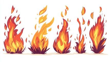 Stylized flames with dynamic shapes in vibrant colors on a white isolated background.