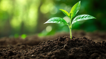 Fototapeta premium A young plant sprouts from rich soil in a sunlit garden, signifying growth and renewal in nature during early spring