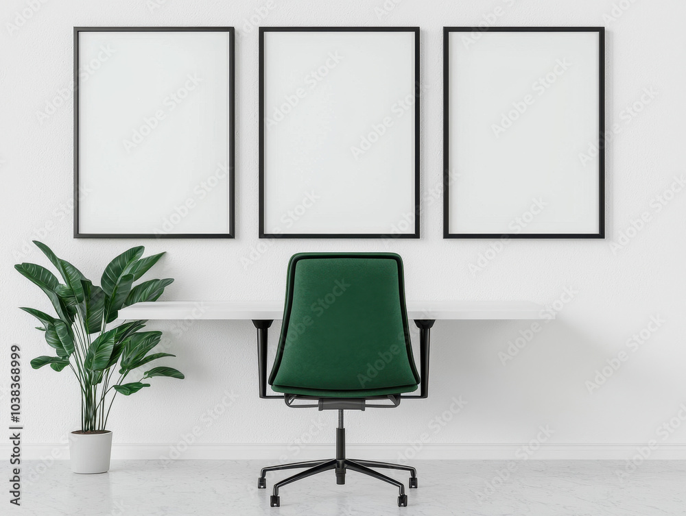 Poster a minimalist workspace featuring a green chair, a simple desk, and three empty frames on the wall, c
