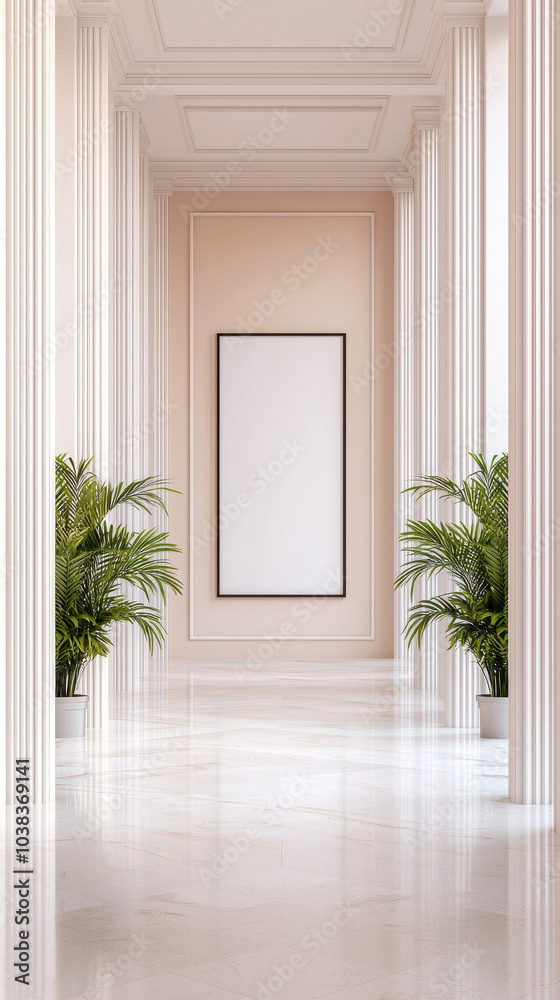 Aufkleber a serene hallway with tall columns and lush plants, featuring a blank canvas on the wall, evoking a 