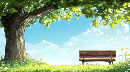 Obraz premium Peaceful Summer Day in the Park with a Bench Under a Tree Illustration.