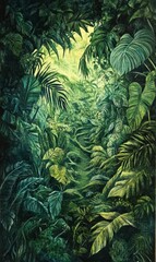 Lush green foliage creates a dense jungle scene.