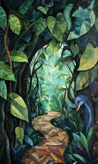 A path through a lush, green forest, with a bird