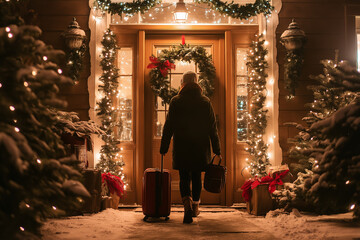 A guest enters a warmly decorated home for the holidays, greeted by family. The entryway features Christmas garlands, fairy lights, and a wreath. Snow dusts the guest's coat
