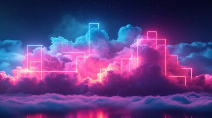 Naklejka premium Neon glowing cube lines and fluffy twilight clouds on a dark background. Creative concept of cloud storage, cloudware, Internet services. Abstract wallpaper. Generative AI 3d illustration.