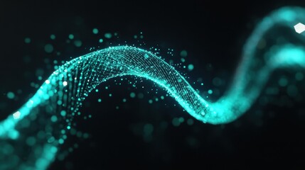 Abstract Teal Swirling Particles on Black Background - Futuristic Digital Art.