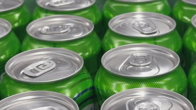 Rows of green aluminum cans with beer or other drink.