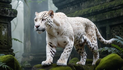 Fototapeta premium A rare albino jaguar with shimmering white fur Lurking in the jungle
