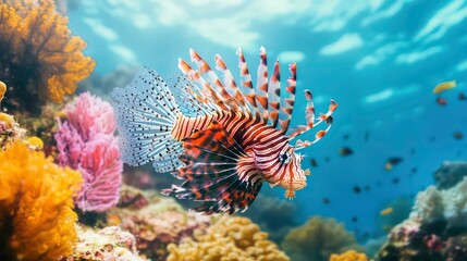 A vibrant lionfish swims through a colorful coral reef.