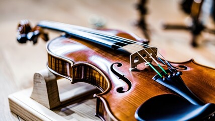 Fototapeta premium Close-up of a beautifully crafted wooden violin on a display stand.