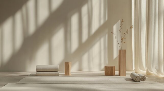 A pristine yoga setup in a minimalist indoor space, Yoga mats and props thoughtfully placed, Contemporary zen style