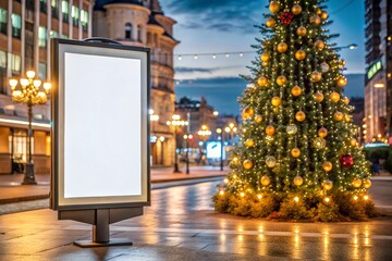 Blank vertical billboard mockup in a festive city setting with a decorated Christmas tree in the background. Perfect for holiday-themed advertisements, product promotion, and branding campaigns.