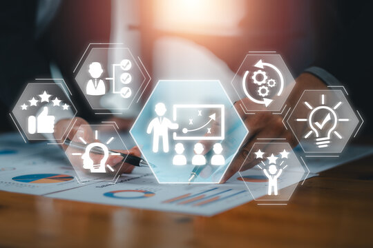 Dynamic coaching concept featuring business icons and graphs, symbolizing professional growth and team success.