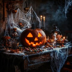 Naklejka premium Spooky Halloween Table Setting with Jack-o'-Lantern, Cobwebs, and Candy