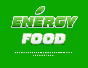 Vector healthy label Energy Food. Unique White and Green Font. Modern Alphabet Letters and Numbers set.