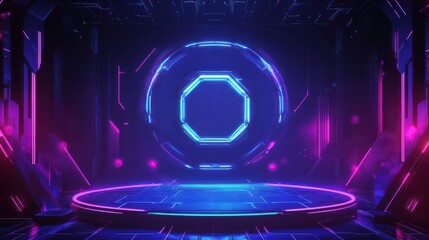 Vector illustrations of Futuristic digital technology hi-tech stage for showcase with neon blue pedestal circle platform and laser ring and hexagonal pattern for digital advertising and game artwork. 