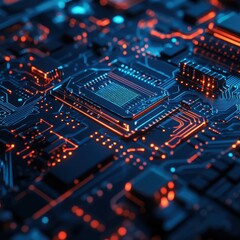Obraz premium Close-up of a glowing circuit board with a central processor and red and blue lights.