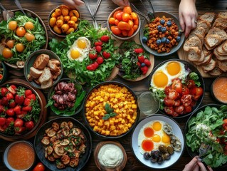Fototapeta premium Many bowls of food on a table with people