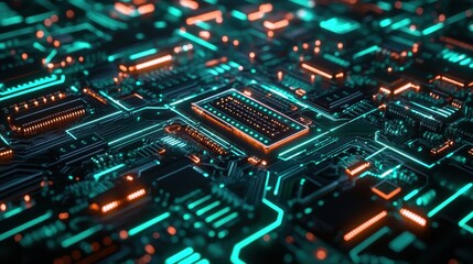 Fototapeta premium Abstract Futuristic Circuit Board with Glowing Neon Lights - Technology Background