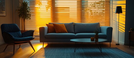 Obraz premium Modern living room with blue sofa and armchair, wooden blinds and warm sunlight streaming through the window.