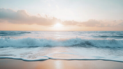 Fototapeta premium Sunset landscape with beautiful sandy beach and blue ocean
