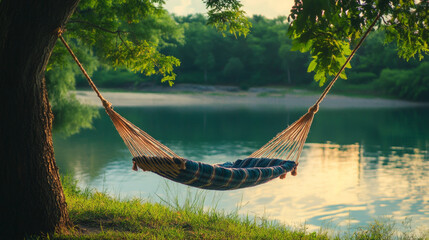 A tranquil hammock by the serene lake surrounded by lush greenery on a calm, sunny afternoon
