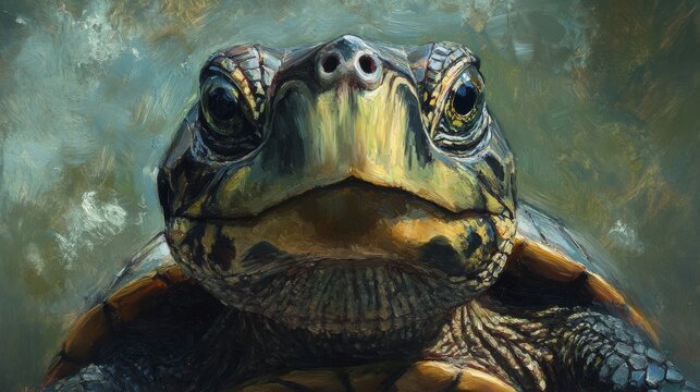 A turtle is depicted with a bright yellow face in a painting. The turtle is the main subject of the painting, and the yellow face is the focal point