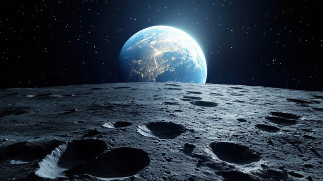 breathtaking view of Earths surface from moons surface, showcasing craters and stars