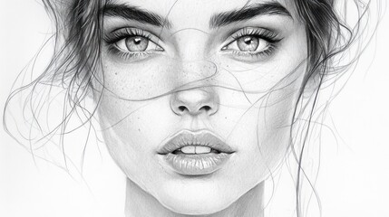 Fototapeta premium A captivating black-and-white painting of a woman with flowing, long hair. Her gaze is thoughtful, and the monochromatic tones emphasize her delicate features, creating a timeless, elegant portrait.