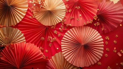 Red and gold paper fans with gold confetti.
