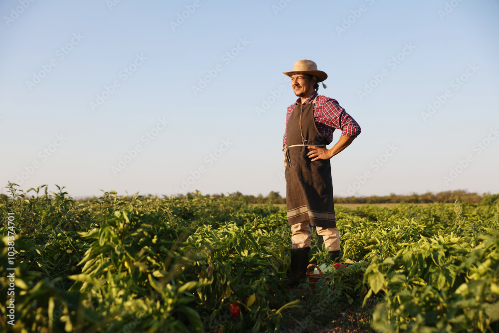 Poster Harvesting season. Farmer standing in filed on sunny day