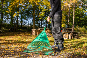 Ein Mann mit einem Rechen aus Plastik um Laub im Herbst zusammen zu fegen.