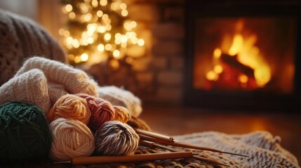 A quaint knitting and crochet corner by a fireplace, Yarn, needles