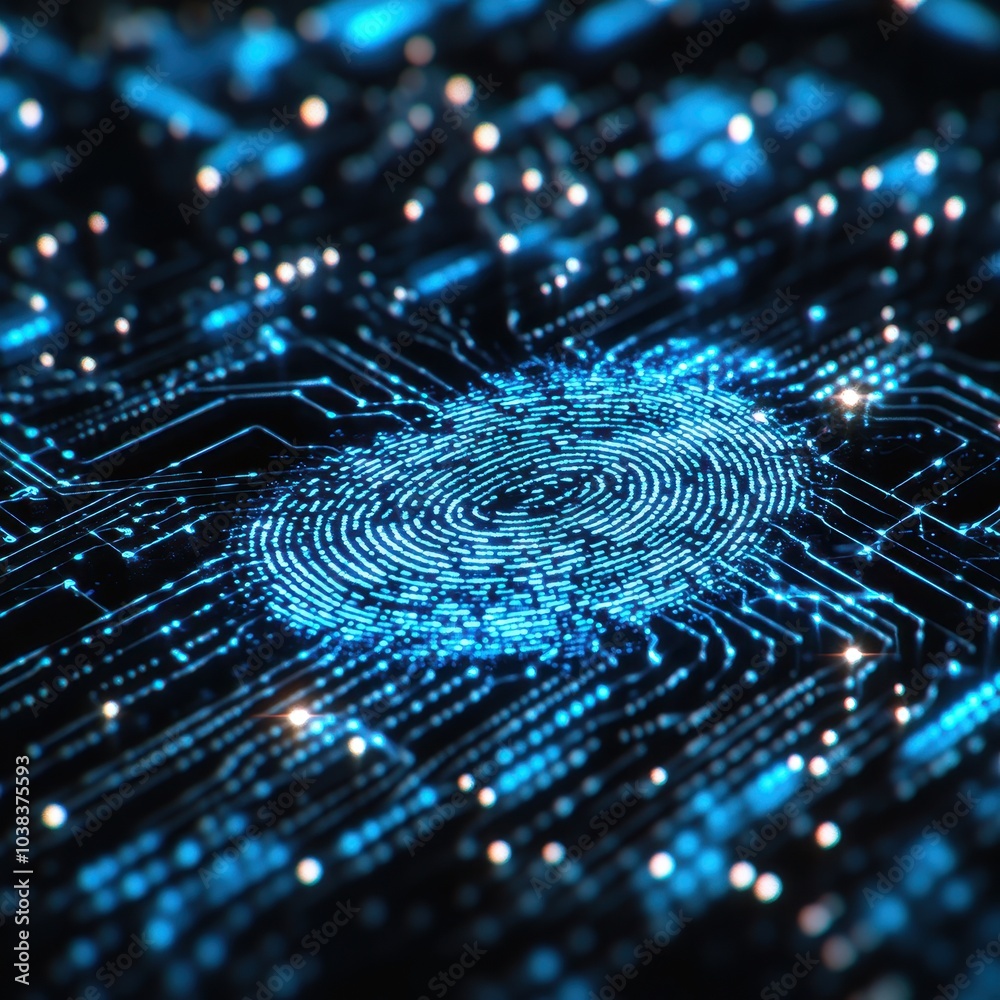 Poster abstract fingerprint on circuit board with blue glow and bokeh lights - digital security and technol