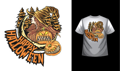 Halloween Mascot T-shirt design costume template with Pumpkin and skull. Happy Halloween scary trendy vector t-shirt design. a Halloween-themed t-shirt design