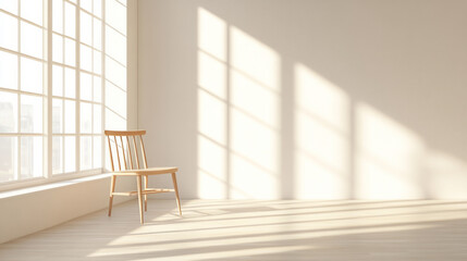 Fototapeta premium A solitary wooden chair bathed in sunlight in a minimalist empty room with large windows and soft shadows