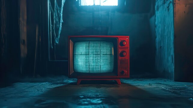 An old, red television set sits in a dusty, dimly lit basement with a window providing a light source. - Powered by Adobe