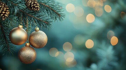Obraz premium Golden ornaments hang from pine branches against a blurred green backdrop this festive season