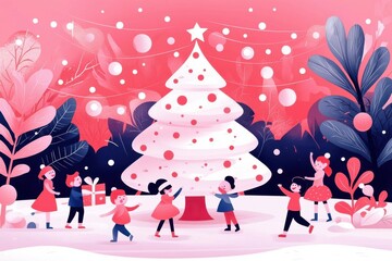 New Year 2025, children dancing around a shining Christmas tree, joyful holiday scene, flat design illustration