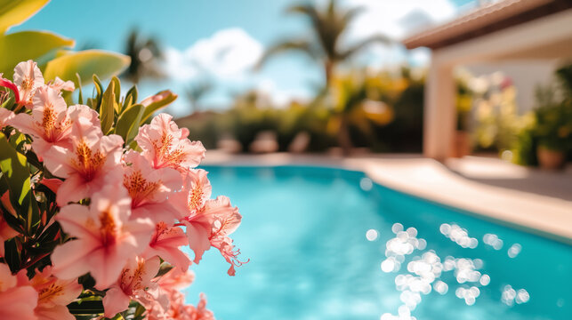 Delicate pink hibiscus flowers on the background of blue pool water