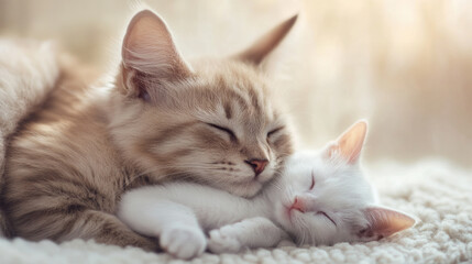 A heartwarming moment of a sleeping cat and kitten cuddling together on a cozy blanket in warm, soft lighting