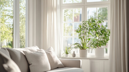 Sunlit living room with cozy sofa, green indoor plants, and large windows offering natural light in a bright, inviting atmosphere