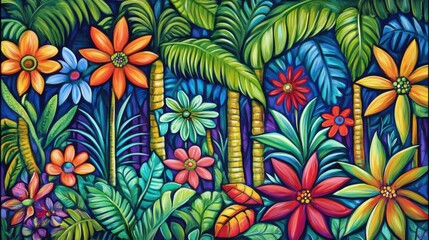 Vibrant Tropical Jungle Scene with Colorful Flowers