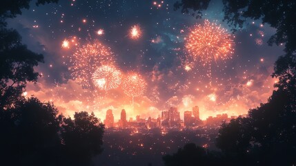 City skyline illuminated by vibrant fireworks.