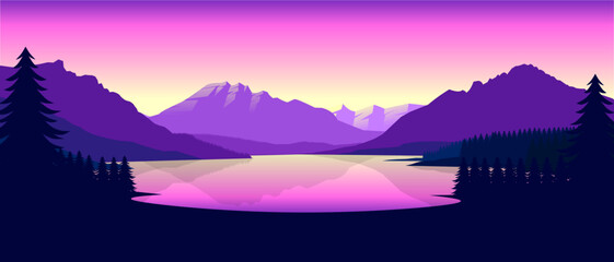 Purple mountain landscape wallpaper in a minimalist flat design style. Minimalist beauty background for desktop and wallpaper