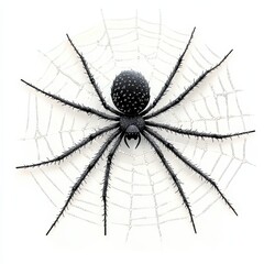 Obraz premium Black Spider in Web with Water Droplets - Close Up, Isolated on White Background.