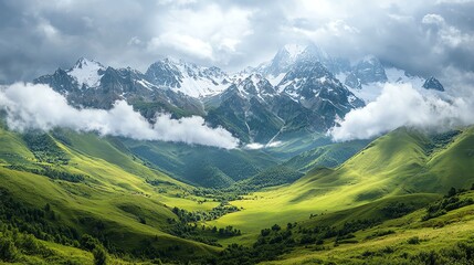 Naklejka premium Lush green valley with majestic mountains