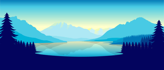 Blue mountain landscape wallpaper in a minimalist flat design style. Minimalist beauty background for desktop and wallpaper